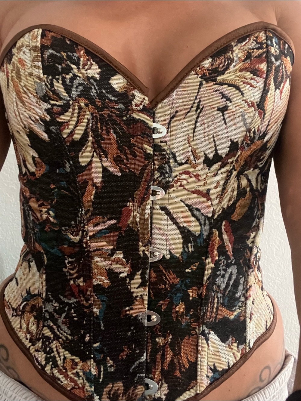 Tapestry Floral Bustier Bodysuit — Brown & Cream